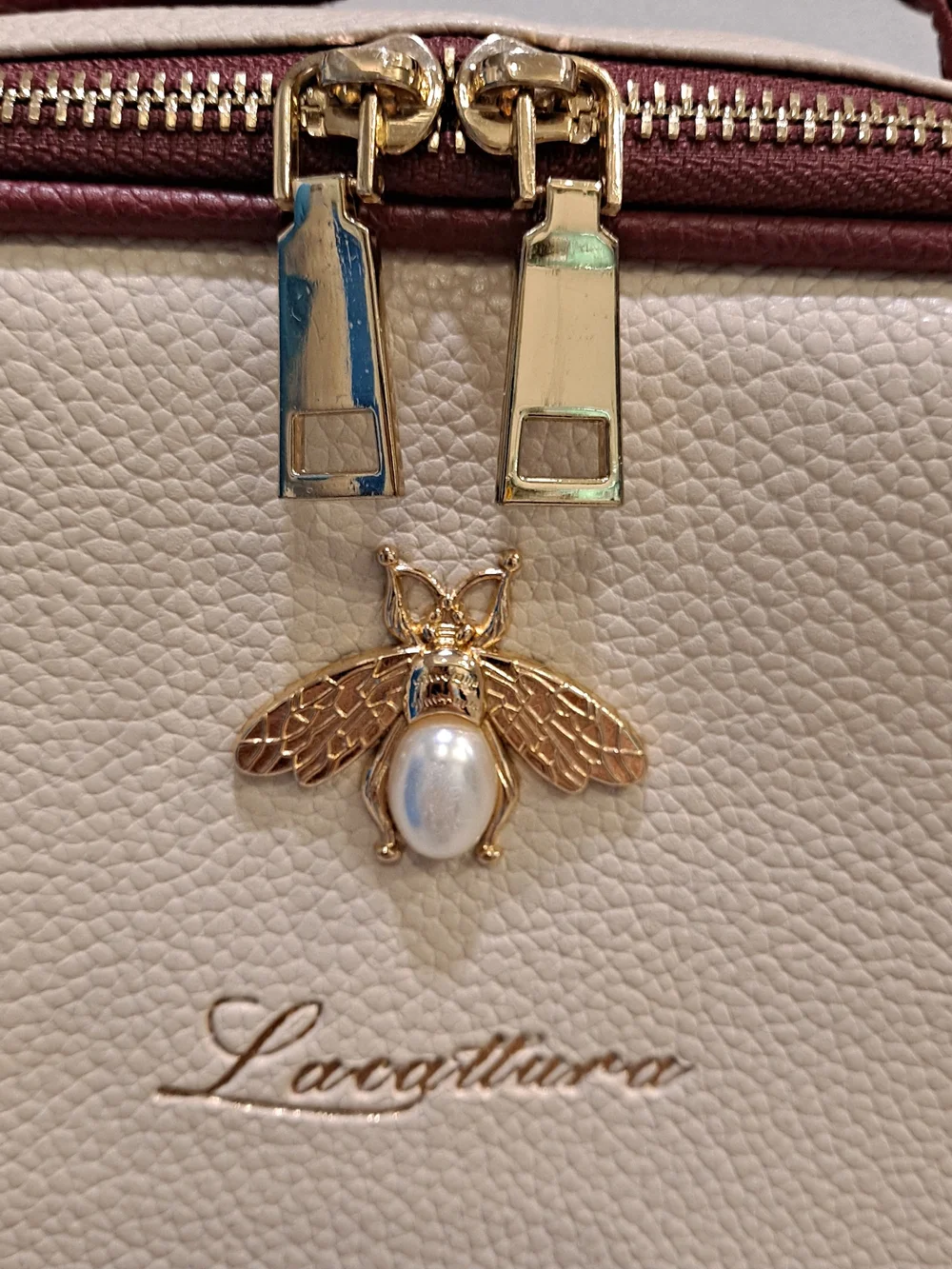 Lacattura Cream & Burgundy Bee-Embellished Crossbody Cosmetic Case Vegan